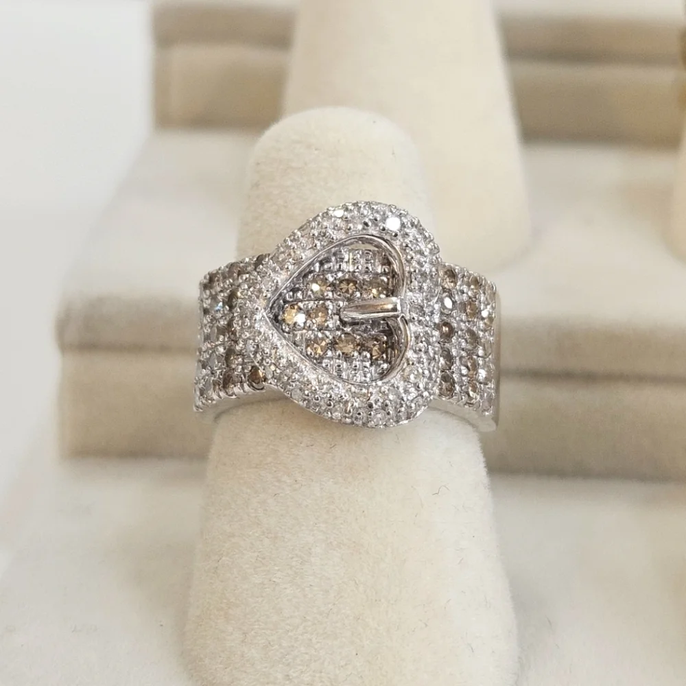 925 Sterling Silver Pave Diamonds Heart Buckle Band Ring Size 5 - Picture 5 of 7